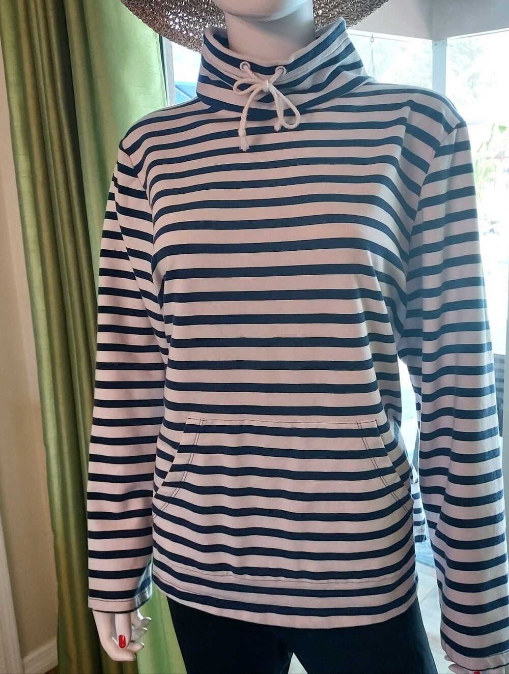 St. John's Bay Navy and White Striped Funnel Neck Sweatshirt. XL